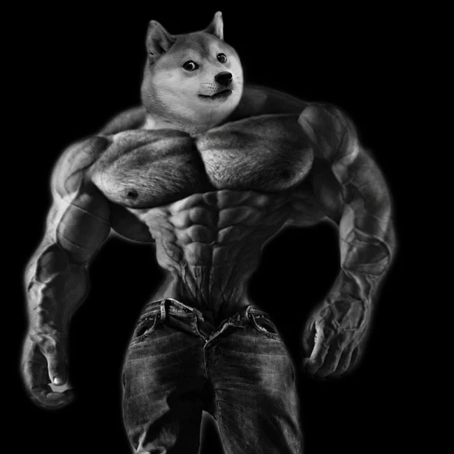Black-and-white portrait of an enormous muscular Doge in jeans